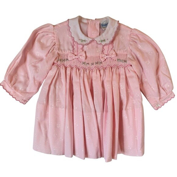 Vintage Rosey Kids Dress 6-9 mo Baby Girl Pink Ruffled Embroidered‎ Smocking - Picture 1 of 6